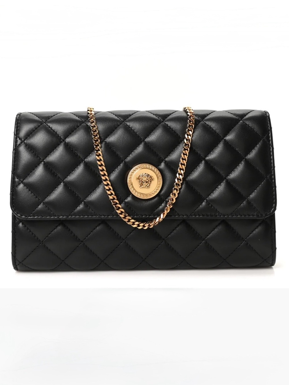 Versace Black Quilted Lambskin Crossbody WOC with Gold Medusa Chain